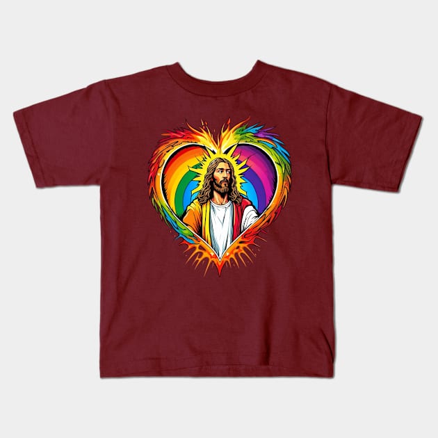 Fiery Rainbow Christ Heart Kids T-Shirt by trubble